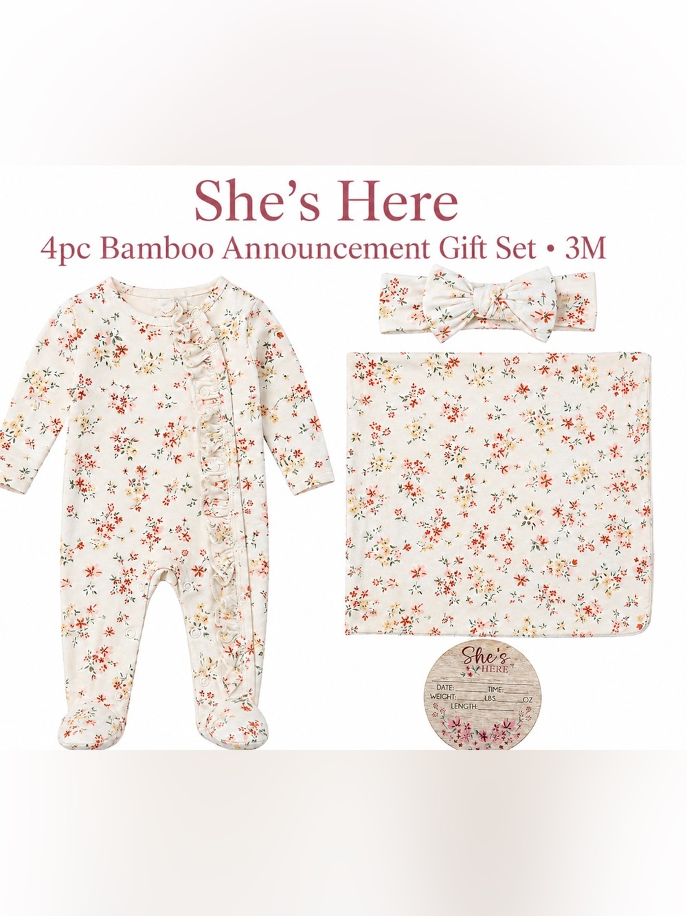 Floral Bamboo Baby Footed Pajamas & Blanket Gift Set - Cream/yellow and pinks.